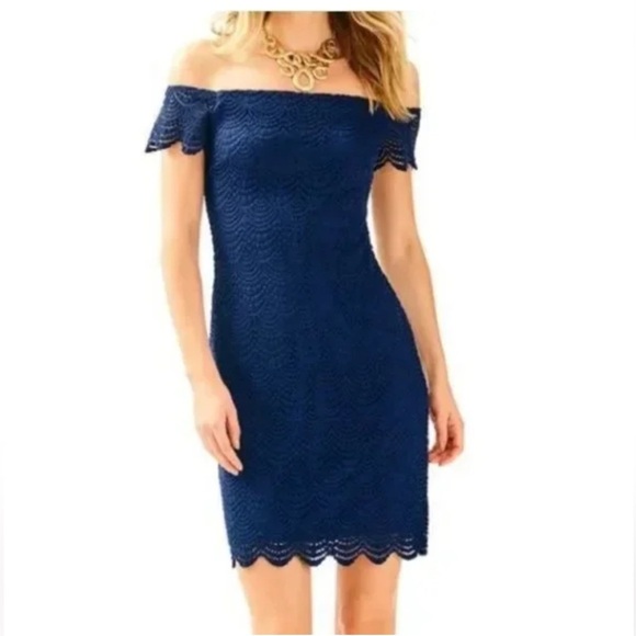 Lilly Pulitzer Dresses & Skirts - Lilly Pulitzer Jade Dress In True Navy Scalloped Shell Lace Size XS Off Shoulder